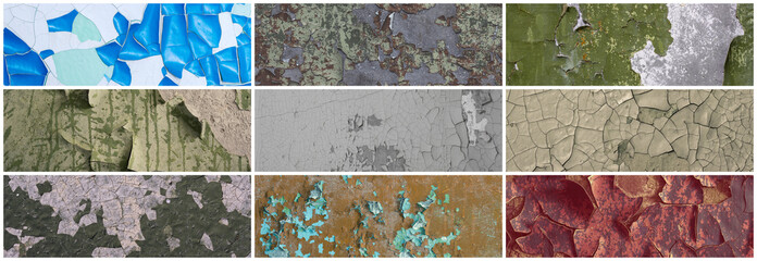 Set of peeling paint textures. Old concrete walls with cracked flaking paint. Weathered rough painted surfaces with patterns of cracks and peeling. Collection of wide panoramic backgrounds for design.