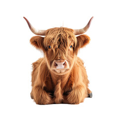 Scottish highland cow sitting, isolated on white background