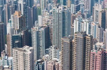 Aerial view of high rise buildings in Hong Kong city