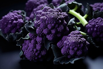 Purple cauliflower florets on a matte black surface - obrazy, fototapety, plakaty