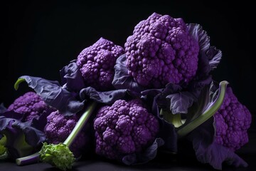 Purple cauliflower florets on dark backdrop
