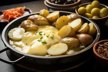 Raclette melting over new potatoes and pickles