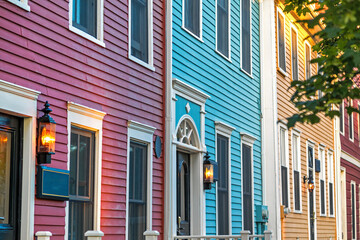 Detail of a row of the colorful Victorian clapboard houses in Charlottetown, capital of Prince Edward Island, Canada - 750676112