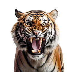 Fototapeta premium Close up face of angry tiger, roaring, isolated on white background