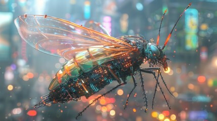 Ethereal insect ghost hovering in a science fiction environment flying over city background - obrazy, fototapety, plakaty