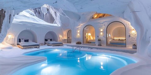 The Luxurious Serenity of an Indoor Cave Pool in an Exclusive Boutique Hotel, Generative AI
