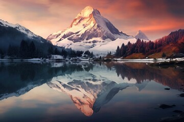 Fototapeta na wymiar Reflection of a volcanic peak in a calm alpine lake