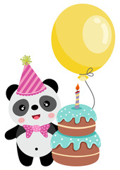 Cute panda with balloon and happy birthday cake