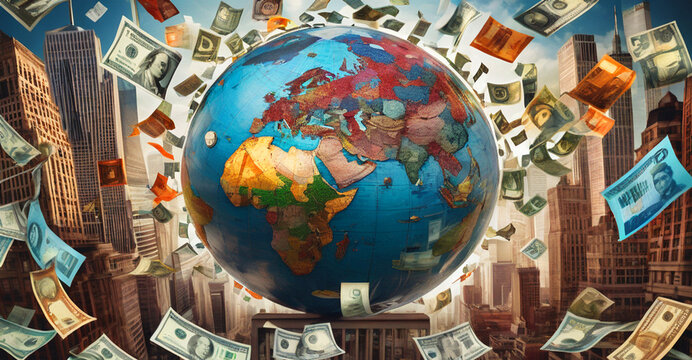 World Economics is the essence of global commerce and finance in a visually striking. Crystal globe on many currency, World bank, Economic inflation conditions where tend to increase continuously.