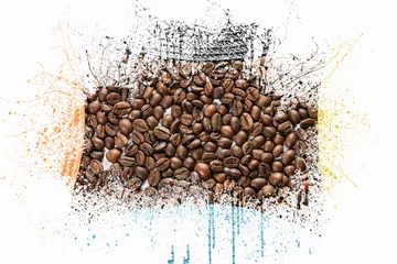 Fotobehang Art from coffee grains with splashes on white background. Morning with fresh coffee. Making coffee. © Evgenii
