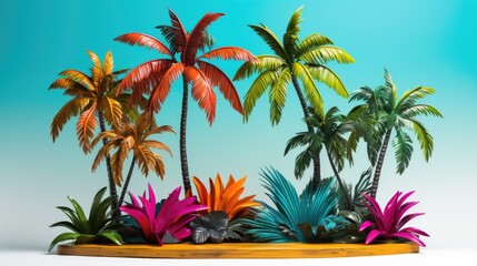 Fototapeta na wymiar Tropical product placement podium stage with summer beach palm tree, Bright color, ultra realistic, vibrant colors 