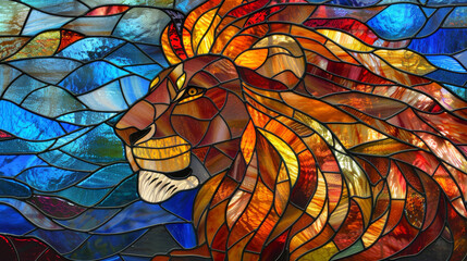 Magnificent stained glass artwork of lion in all its glory, with colorful glass panels