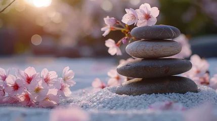 Fototapeten Spring's serene minimalism Japanese Zen garden, with white sand, smooth stones, and sakura, embodying mindfulness in the morning © Sunday Cat Studio