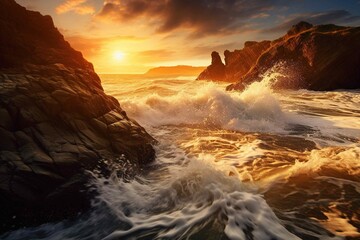 Rocky coastline with waves crashing, illuminated by the golden light of sunset