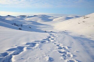 Fototapeta na wymiar Rolling hills covered in a blanket of snow, with animal tracks visible