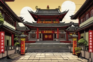 Obraz premium Chinese temple, Generative AI comic style