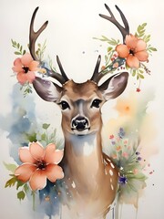 watercolor painting of a deer with flowers