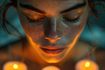 Candlelit Reflection: A Serene Close-up Portrait of Contemplation and Calmness