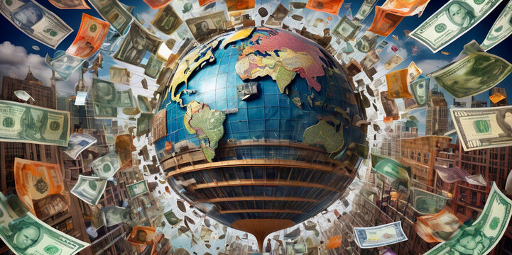World Economics is the essence of global commerce and finance in a visually striking. Crystal globe on many currency, World bank, Economic inflation conditions where tend to increase continuously.
