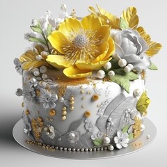 very Opulent festive art deco cake decorated with gold and flowers