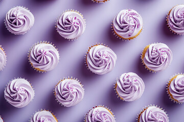 Beautiful Lavender Cupcakes on Purple Background, Delicious Homemade Desserts for Top View...