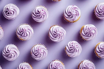 Foto op Aluminium Beautiful Lavender Cupcakes on Purple Background, Delicious Homemade Desserts for Top View Presentation © SHOTPRIME STUDIO