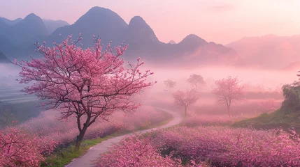 Fotobehang Foggy sunrise spring beauty, distant green mountains,  mist, cherry blossoms, pink flower trees beautiful landscape © JetHuynh