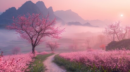 Fototapeta na wymiar Foggy sunrise spring beauty, distant green mountains, mist, cherry blossoms, pink flower trees beautiful landscape