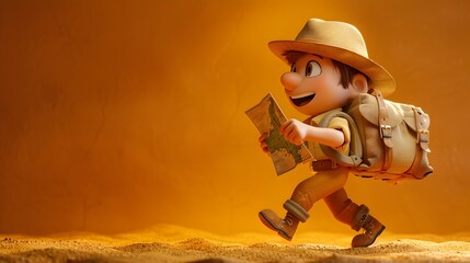 Fototapeta premium Cartoon Explorer Walking with Map in Desert