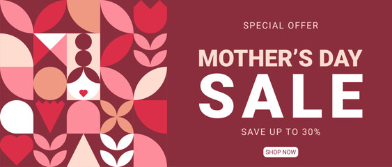 Happy Mothers, Moms Day. Trendy geometric shapes carnation, flower and more in retro style. Holiday card for event promo or congratulation. vector illustration