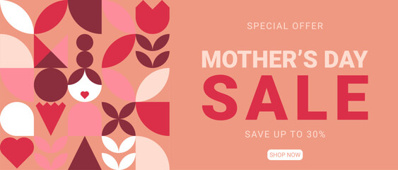 Happy Mothers, Moms Day. Trendy geometric shapes carnation, flower and more in retro style. Promo sale banner or card. Seasonal offer. vector illustration