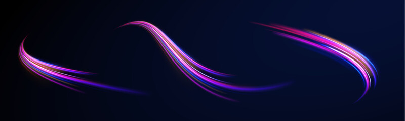 Vector dark blue abstract background with ultraviolet neon glow, blurry light lines, waves. High speed effect motion blur night lights blue and red. Magic shining neon light line trails.	