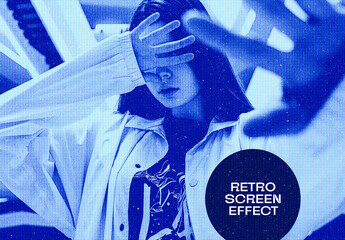 Blue Retro Screen Photo Effect Mockup - obrazy, fototapety, plakaty