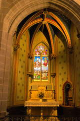 Colored stained glass in a church in north of France (Vitre, Bretagne)