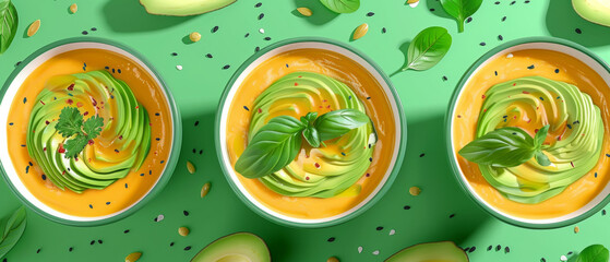 Creamy avocado soup with basil garnish in bowls on green background. Vegetarian food and healthy lifestyle concept. Design for menu, poster, wallpaper