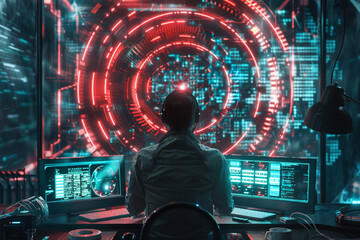 A futuristic 3D animator creating artwork that explores the relationship between hacking and cybersecurity