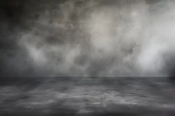 Fotobehang Dark room with smoke effect, free space for product display. © vierdaus