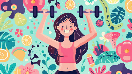 A whimsical cartoon illustration of a woman lifting weights in a gym with a backdrop background filled with playful and inspiring elements related to health and fitness