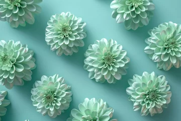 Badkamer foto achterwand Beautiful 3D of green dahlia flowers on a vibrant blue background, perfect for botanical design concepts © SHOTPRIME STUDIO