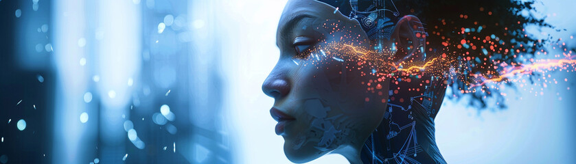 An AI art generator creating a stunning blend of cyborg and human features in a dynamic 3D animation