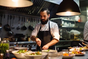 Handsome Caucasian bearded chef in apron cooking food in a modern equipped restaurant kitchen....