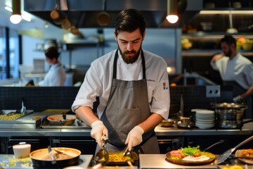 Handsome Caucasian bearded chef in apron cooking food in a modern equipped restaurant kitchen. Professional cook preparing dish of the day. Open restaurant kitchen concept.