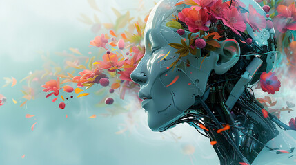 A robot painting portraits of flowers each stroke revealing a spectrum of digital colors