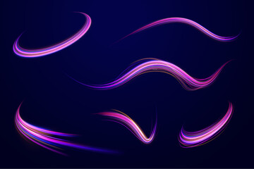 Long exposure of motorways as speed. Neon spiral lines in yellow blue and purple colors. Image of speed motion on the road.	