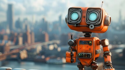 Orange Robot Standing in Front of a City in the Style of Iconic Pop Culture References - obrazy, fototapety, plakaty