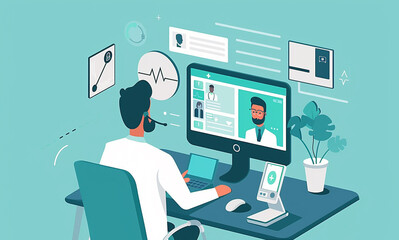 Illustrate a doctor providing online advice with a virtual assistant