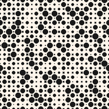 Black and white vector seamless pattern with small randomly scattered curved shapes, circles, squares, dots. Simple modern monochrome background with halftone effect. Repeated texture. Minimal design
