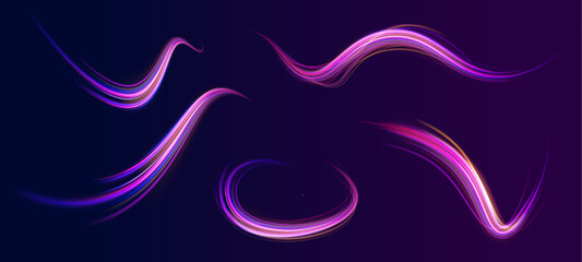 Neon swirls in a big set. Vector glitter light fire flare trace. Futuristic neon light effect. Speed of light concept background.	