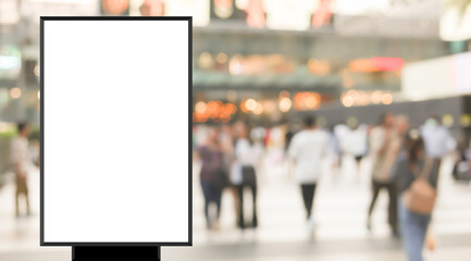 mock up billboard with frame on blur background of modern city with  crowded people walk to...