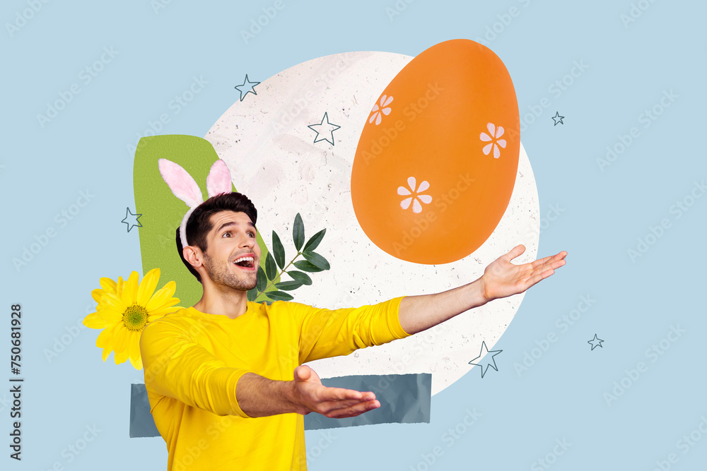 Sticker Creative drawing collage picture of excited man hunt big egg celebrate easter holiday tradition invitation billboard comics zine minimal